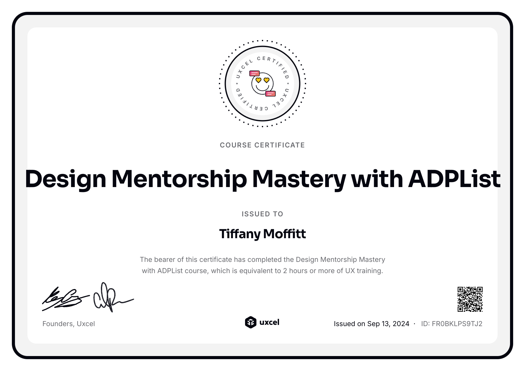 Tiffany Moffitt's certificate